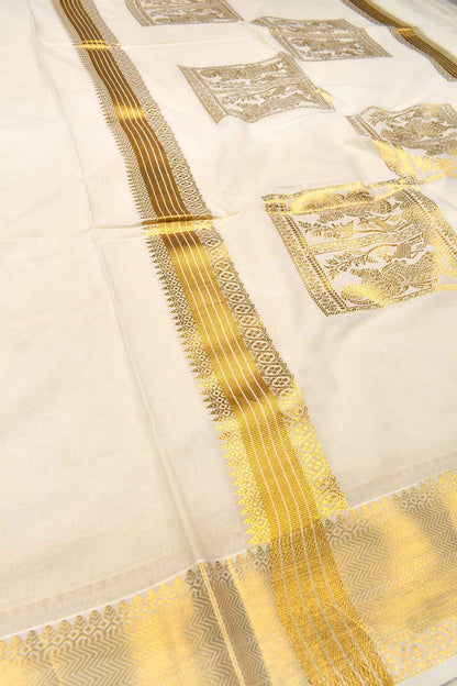 Off White Pure Kerala Cotton Small Square Butta Fancy Squares Pallu Gold Zari Border Saree