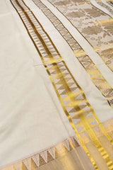 Off White Pure Kerala Cotton Vertical Stripes Butta Lotus Pallu Gold Border Saree