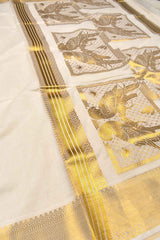 Off White Pure Kerala Cotton Sqauares Butta Rich Peacock Pallu Gold Border Sareee