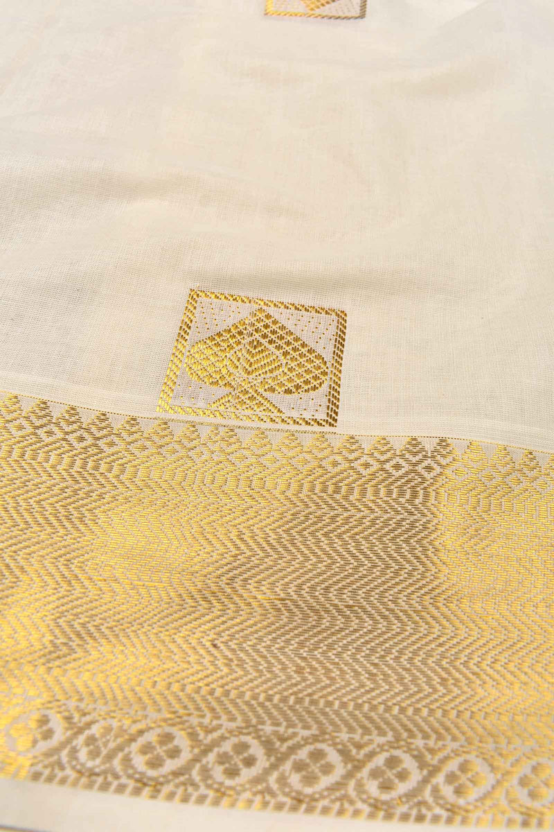 Off White Pure Kerala Cotton Sqauares Butta Rich Peacock Pallu Gold Border Sareee