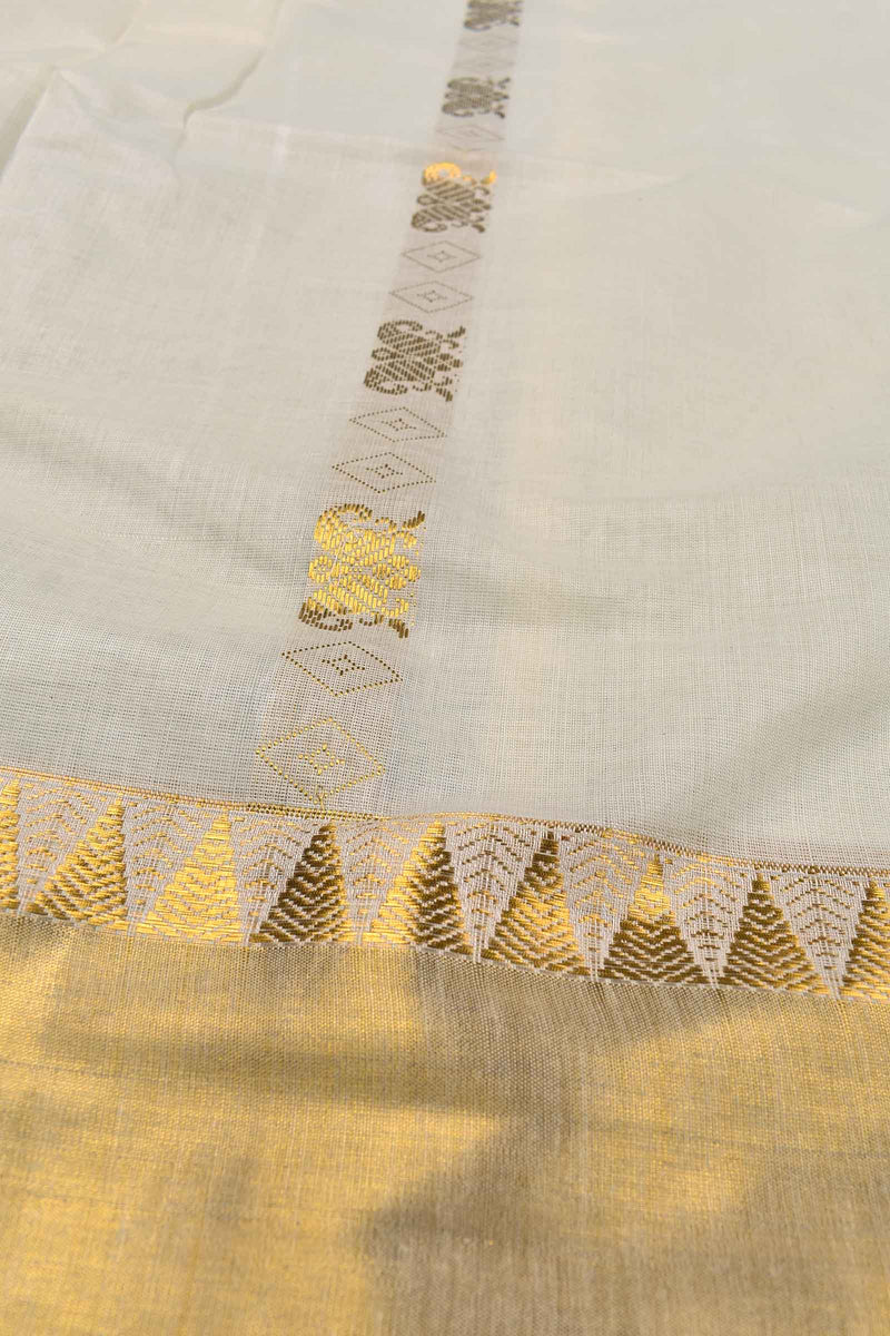 Off White Pure Kerala Cotton Vertical Stripes Butta Lotus Pallu Gold Border Saree