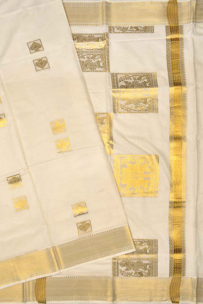 Off White Pure Kerala Cotton Small Square Butta Fancy Squares Pallu Gold Zari Border Saree