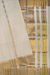 Off White Pure Kerala Cotton Vertical Stripes Butta Lotus Pallu Gold Border Saree