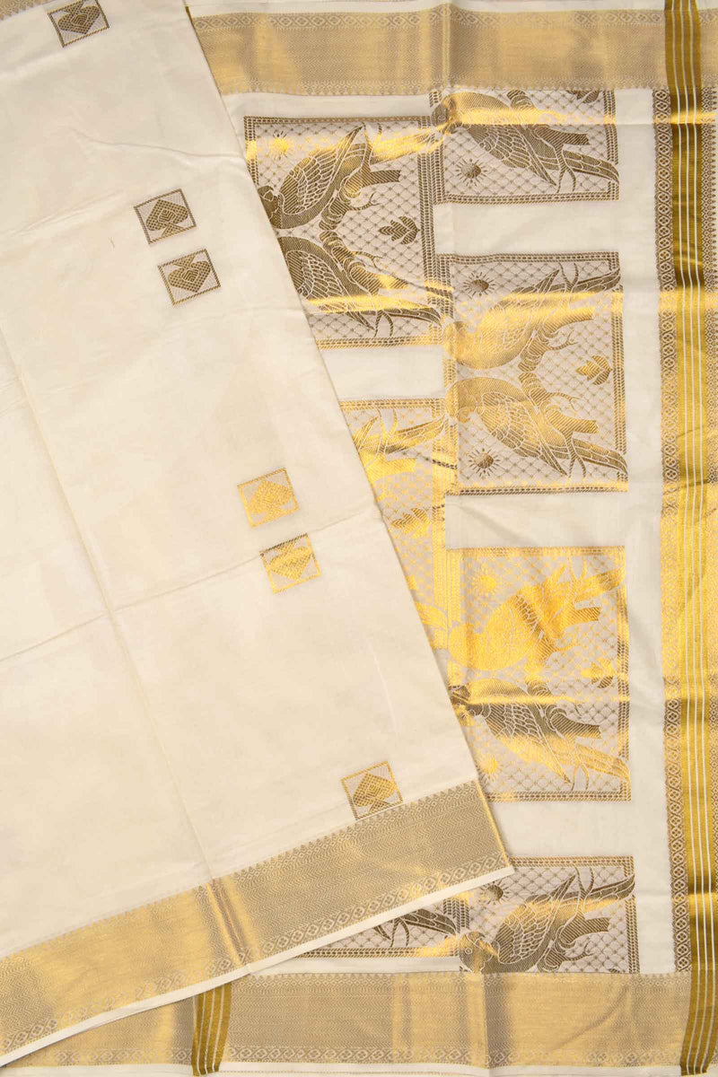 Off White Pure Kerala Cotton Sqauares Butta Rich Peacock Pallu Gold Border Sareee