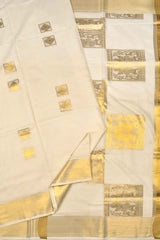 Off White Pure Kerala Cotton Small Square Butta Fancy Squares Pallu Gold Zari Border Saree