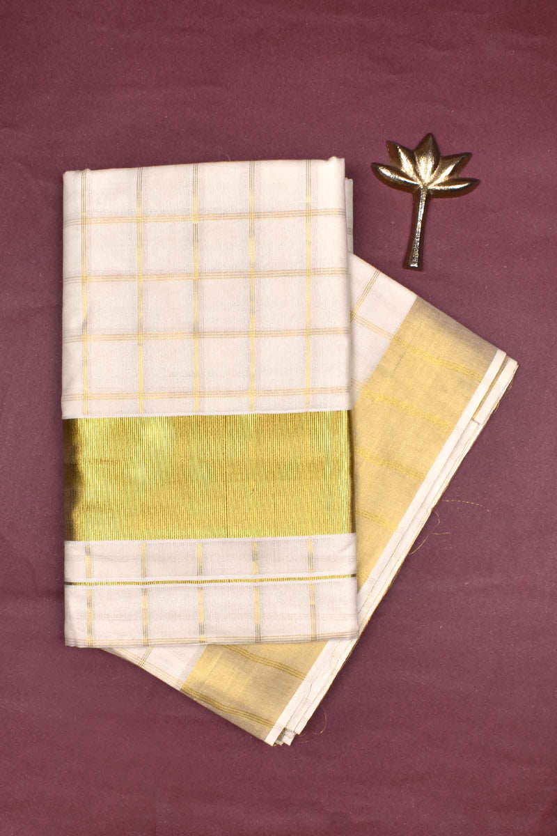 Off White Pure Kerala Cotton Checked Gold Zari Border Saree