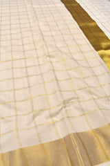 Off White Pure Kerala Cotton Checked Gold Zari Border Saree