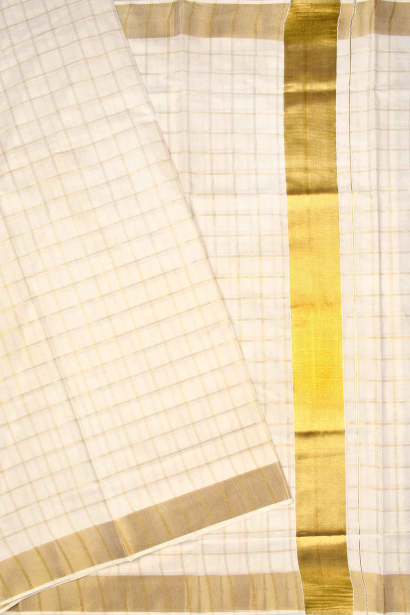 Off White Pure Kerala Cotton Checked Gold Zari Border Saree