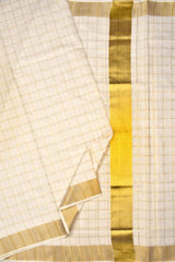 Off White Pure Kerala Cotton Checked Gold Zari Border Saree