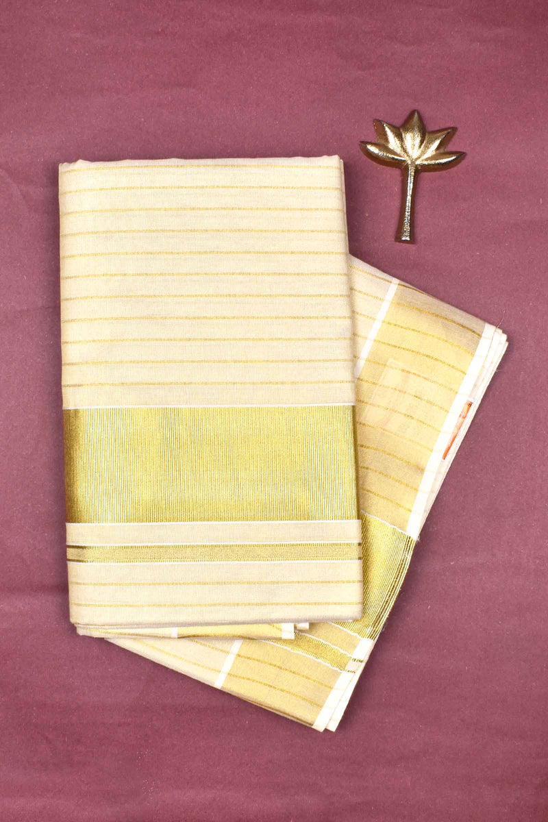 Off White Pure Kerala Tissue Cotton Golden Lines Traditional Border Saree