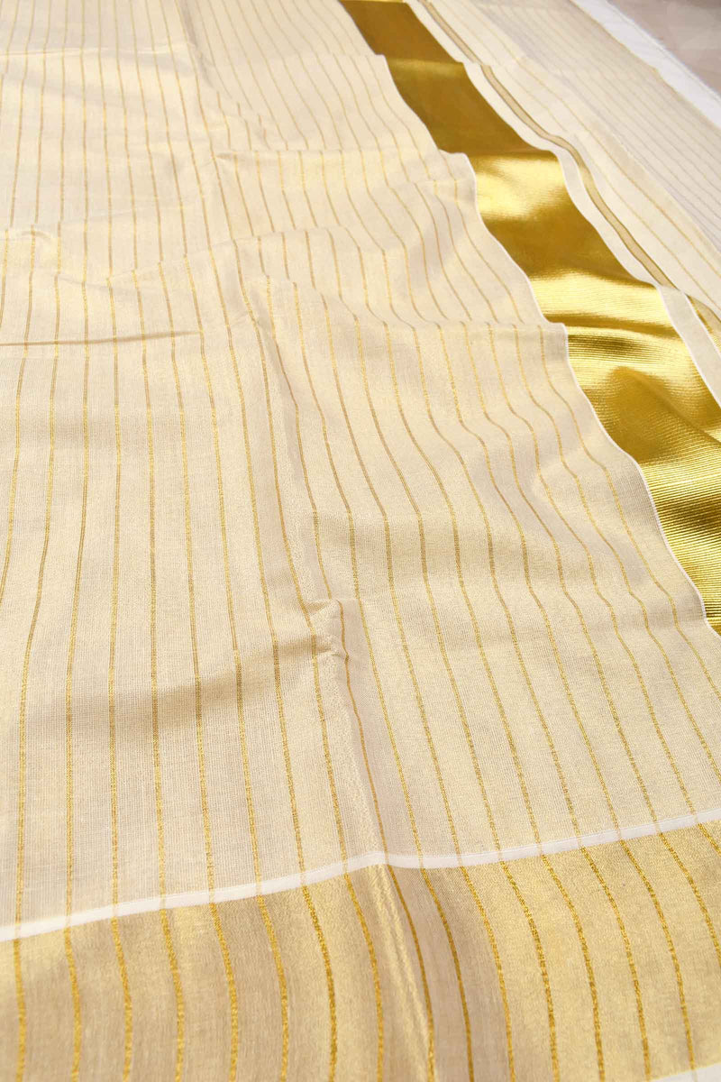 Off White Pure Kerala Tissue Cotton Golden Lines Traditional Border Saree