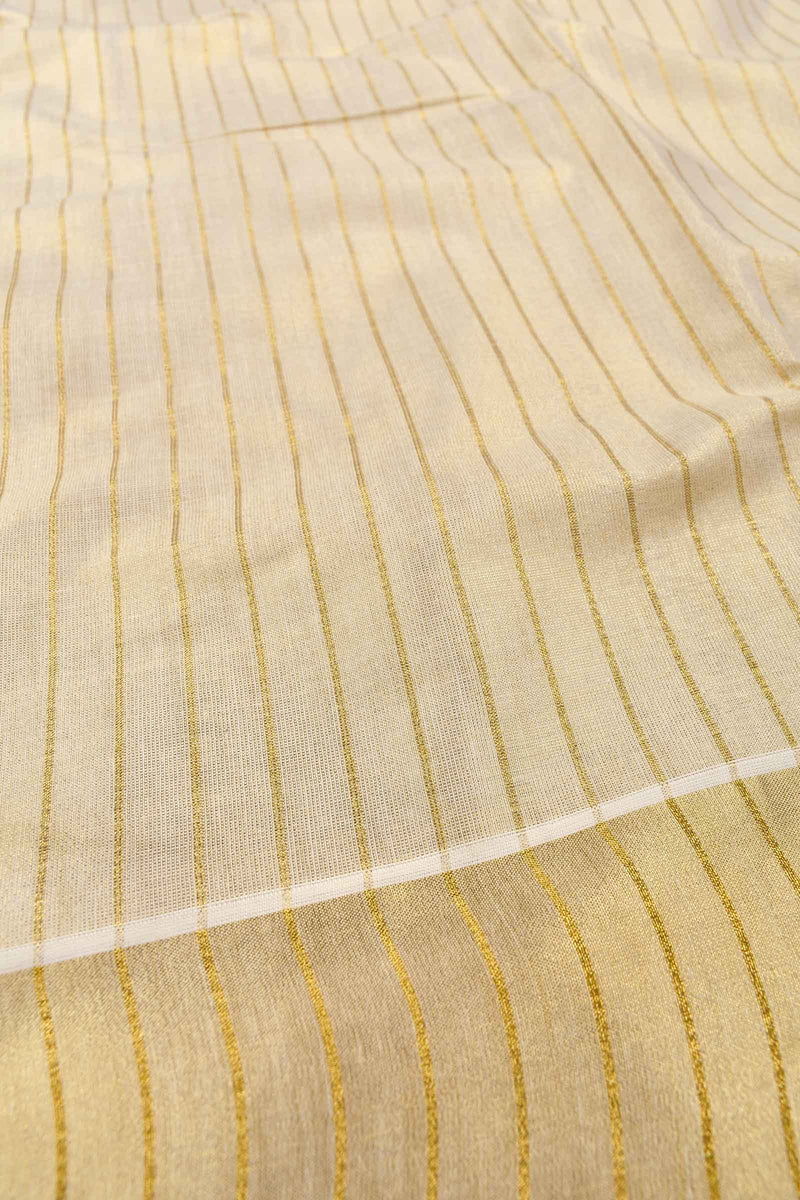 Off White Pure Kerala Tissue Cotton Golden Lines Traditional Border Saree