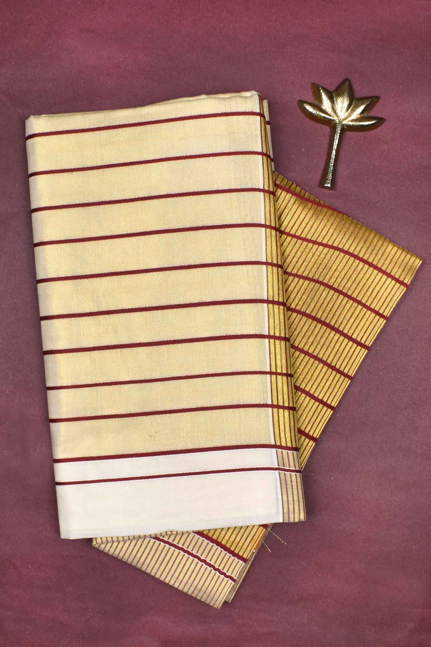 Off White Pure Kerala Cotton Fancy Maroon Stripes Pallu Gold Zari Border Saree