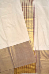 Off White Pure Kerala Cotton Fancy Maroon Stripes Pallu Gold Zari Border Saree