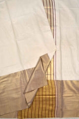 Off White Pure Kerala Cotton Fancy Maroon Stripes Pallu Gold Zari Border Saree