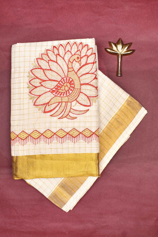 Off White Pure Kerala Cotton Checked Peacock Embroidery Golden Zari Border Saree