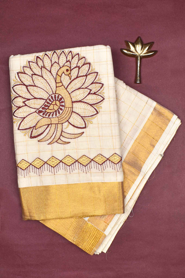 Off White Pure Kerala Cotton Checked Maroon Peacock Design Gold Zari Border Saree