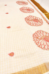 Off White Pure Kerala Cotton Checked Peacock Embroidery Golden Zari Border Saree