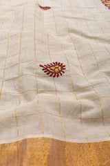 Off White Pure Kerala Cotton Checked Maroon Peacock Design Gold Zari Border Saree