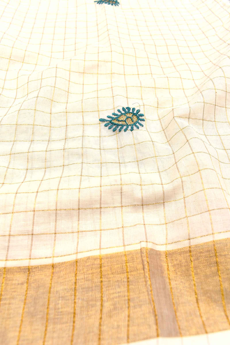 Off White Pure Kerala Cotton Checked Green Peacock Design Gold Zari Border Saree