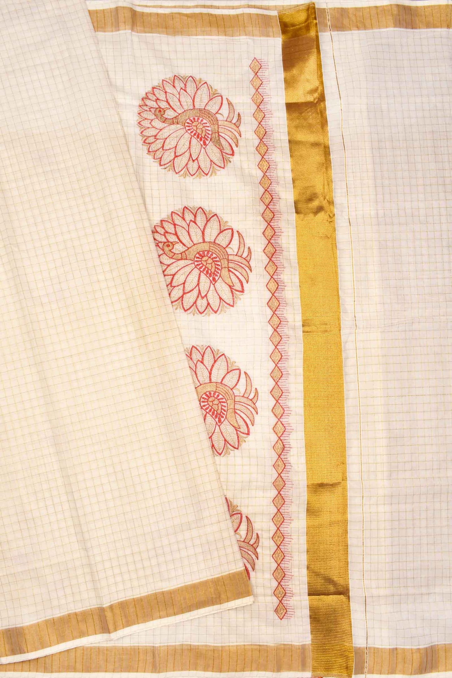 Off White Pure Kerala Cotton Checked Peacock Embroidery Golden Zari Border Saree