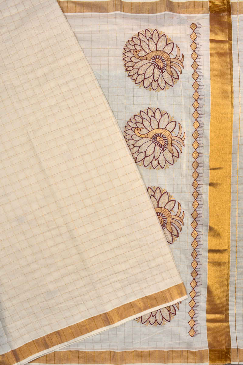 Off White Pure Kerala Cotton Checked Maroon Peacock Design Gold Zari Border Saree