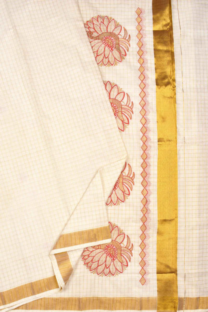 Off White Pure Kerala Cotton Checked Peacock Embroidery Golden Zari Border Saree