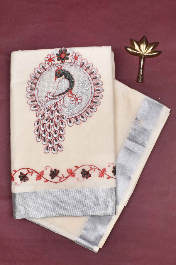 White Pure Kerala Cotton Peacock Embroidery Silver Border Saree