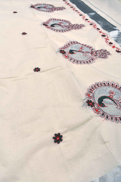 White Pure Kerala Cotton Peacock Embroidery Silver Border Saree