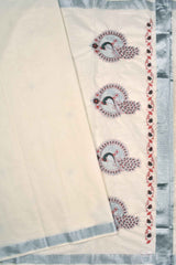 White Pure Kerala Cotton Peacock Embroidery Silver Border Saree