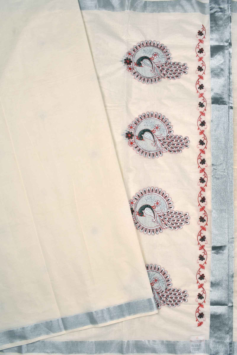 White Pure Kerala Cotton Peacock Embroidery Silver Border Saree