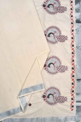 White Pure Kerala Cotton Peacock Embroidery Silver Border Saree