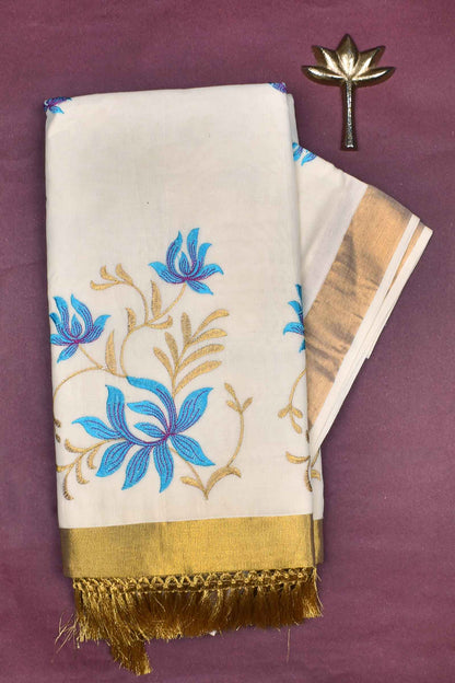 Off White Pure Kerala Cotton Blue Lotus Embroidery Golden Border Saree