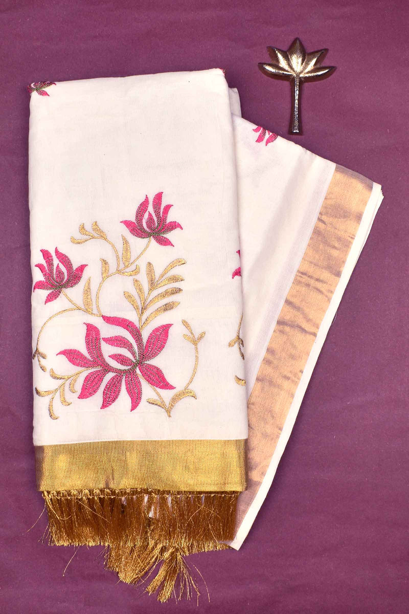 Off White Pure Kerala Cotton Pink Lotus Embroidery Golden Border Saree