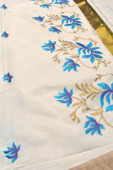 Off White Pure Kerala Cotton Blue Lotus Embroidery Golden Border Saree