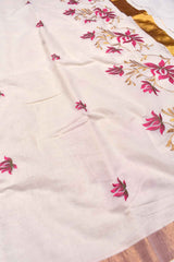 Off White Pure Kerala Cotton Pink Lotus Embroidery Golden Border Saree