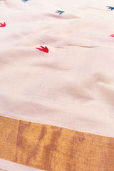 Off White With Red Pure Kerala Cotton Flowers Printed Pallu Design Golden Zari Saree