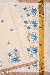 Off White Pure Kerala Cotton Blue Lotus Embroidery Golden Border Saree