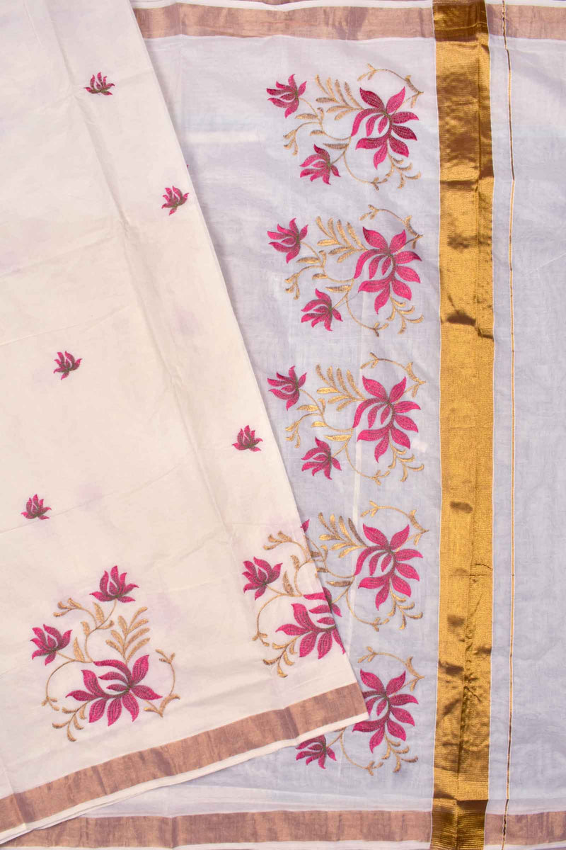 Off White Pure Kerala Cotton Pink Lotus Embroidery Golden Border Saree