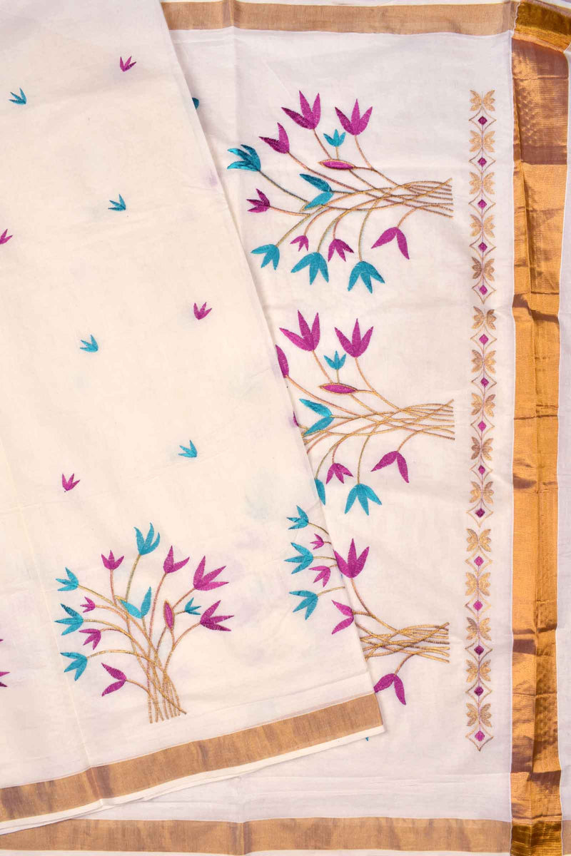 Off White With Rose Pure Kerala Cotton Flowers Printed Pallu Design Golden Zari Saree