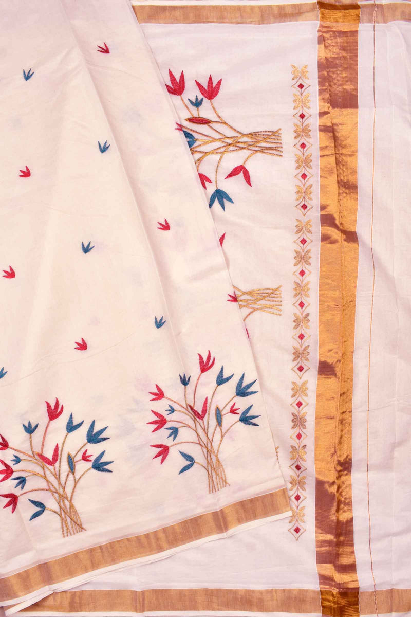 Off White With Red Pure Kerala Cotton Flowers Printed Pallu Design Golden Zari Saree