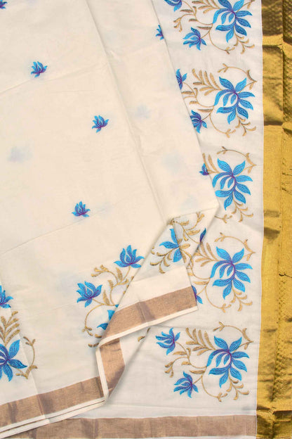 Off White Pure Kerala Cotton Blue Lotus Embroidery Golden Border Saree