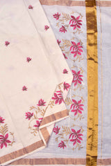 Off White Pure Kerala Cotton Pink Lotus Embroidery Golden Border Saree