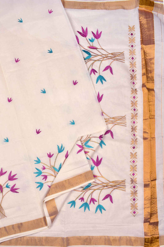 Off White With Rose Pure Kerala Cotton Flowers Printed Pallu Design Golden Zari Saree