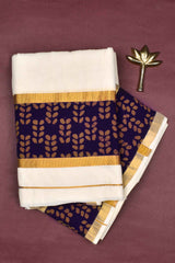 Off White Pure Kerala Cotton Ajrakh Printed Gold Border Saree