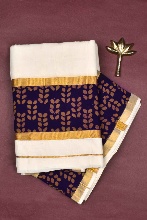 Off White Pure Kerala Cotton Ajrakh Printed Gold Border Saree