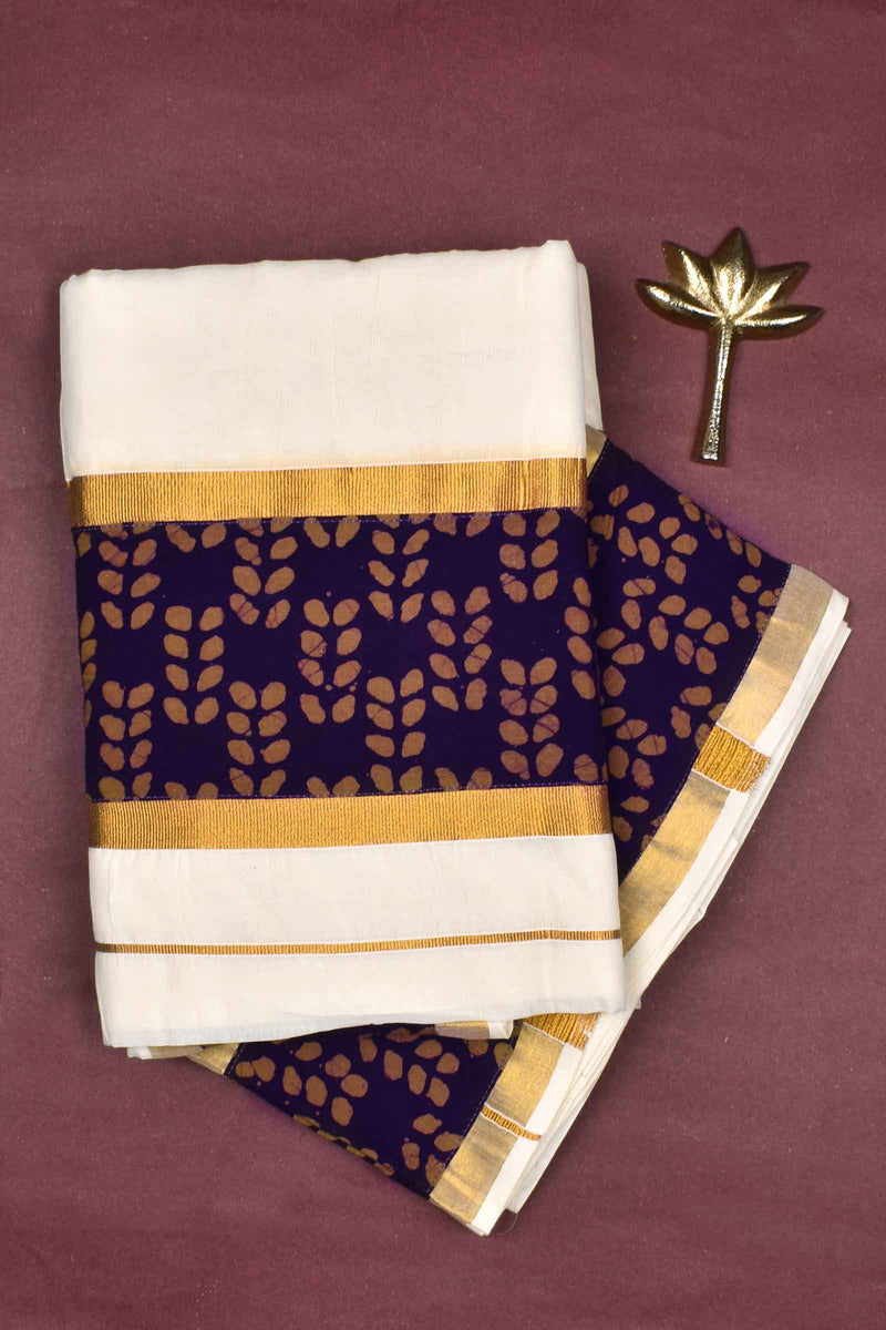 Off White Pure Kerala Cotton Ajrakh Printed Gold Border Saree