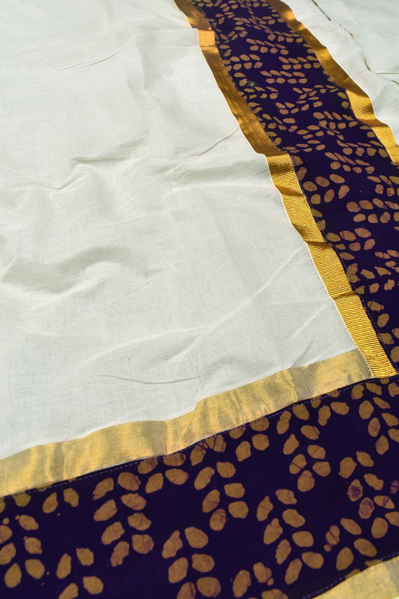 Off White Pure Kerala Cotton Ajrakh Printed Gold Border Saree