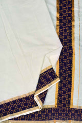 Off White Pure Kerala Cotton Ajrakh Printed Gold Border Saree