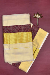 Off White Pure Kerala Cotton Maroon Ajrakh Printed Golden Border Saree